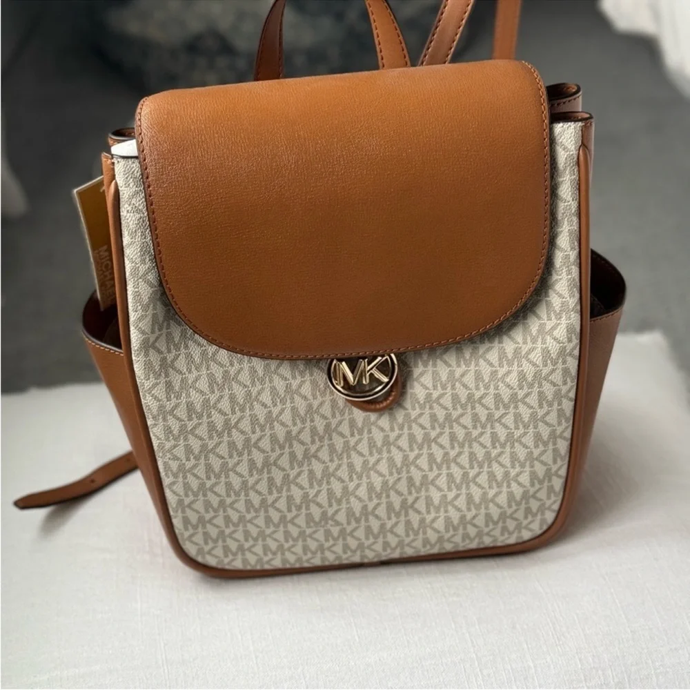 Michael Kors Brown and Cream MK Logo Backpack